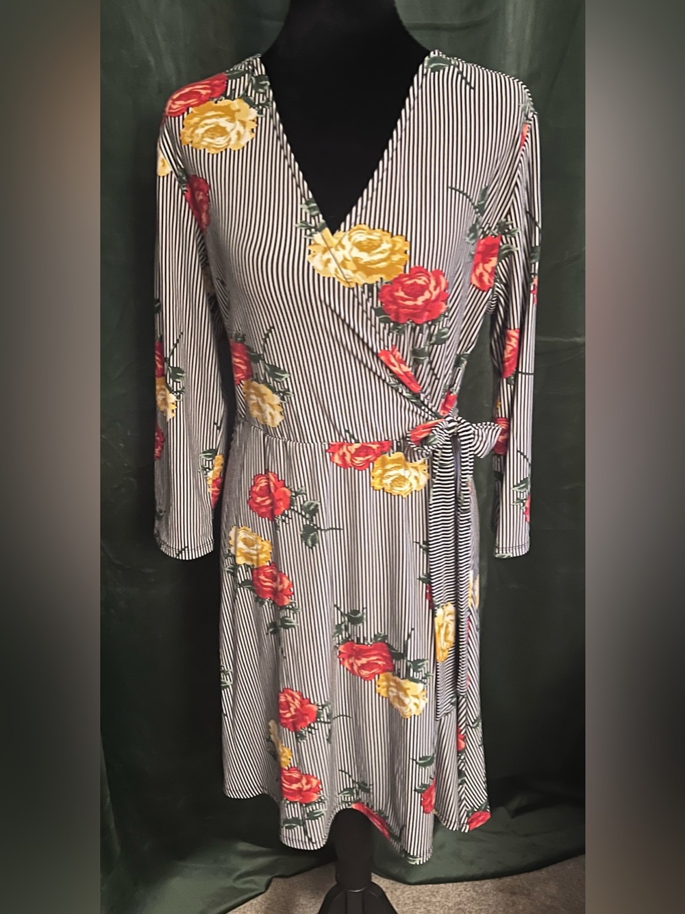 NWOT - Striped Floral Wrap Dress with Red & Yellow Roses